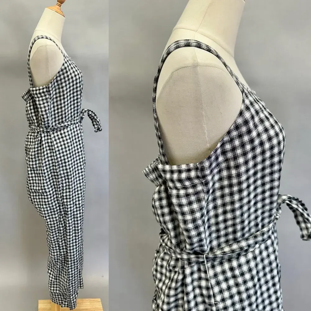Quince European Linen Square Neck Jumpsuit in‎ Khaki/Black Gingham Medium NWT